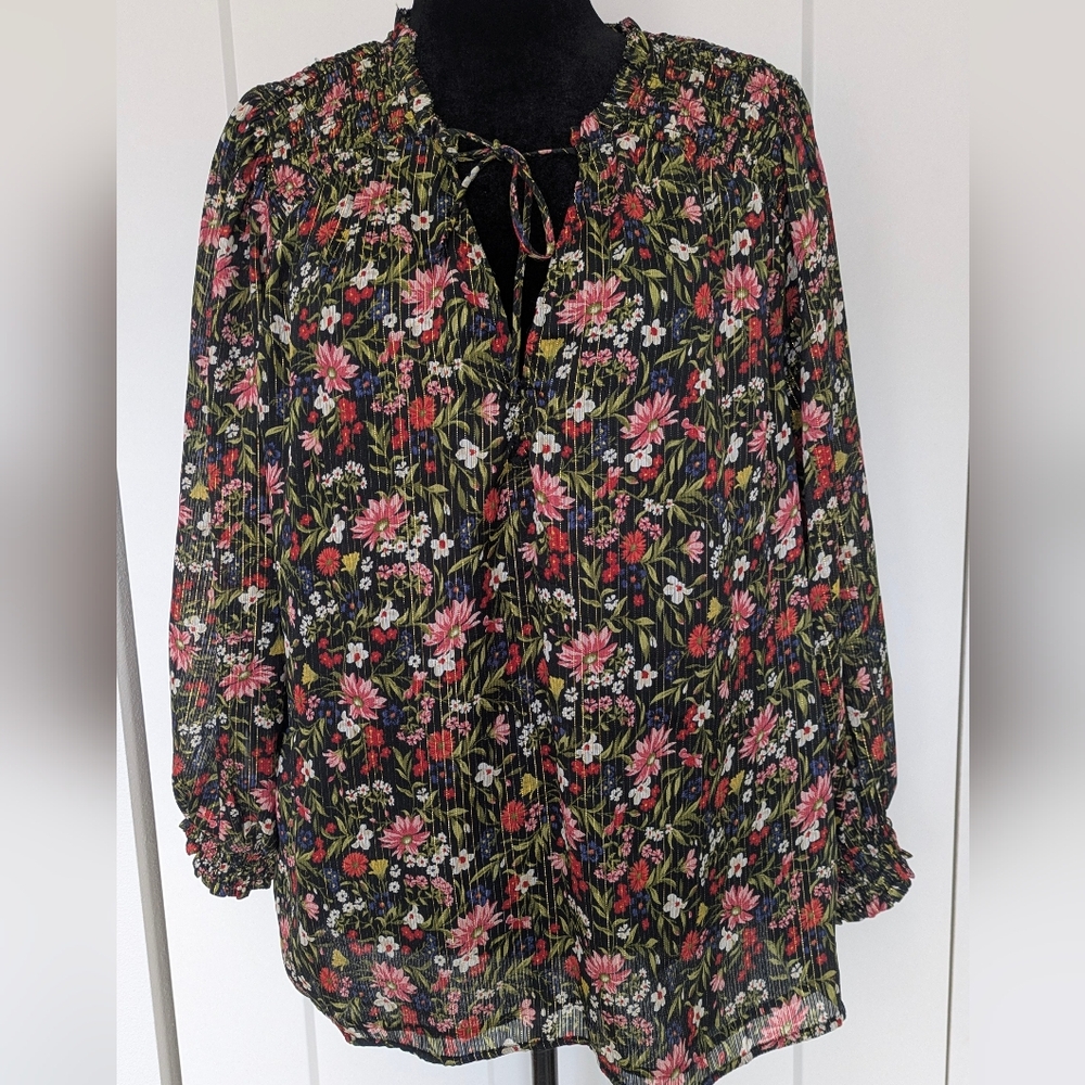 Old Navy Women's Blouse Floral Plus Sz 2X Long Sleeve V-Neck Pullover Top Lined